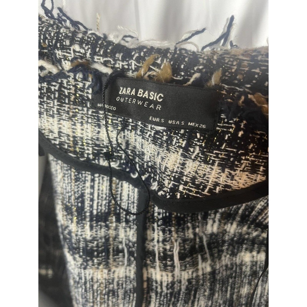 Zara Tweed Open Front Fringe Navy Blazer Jacket S‎ Oversized - Picture 5 of 6